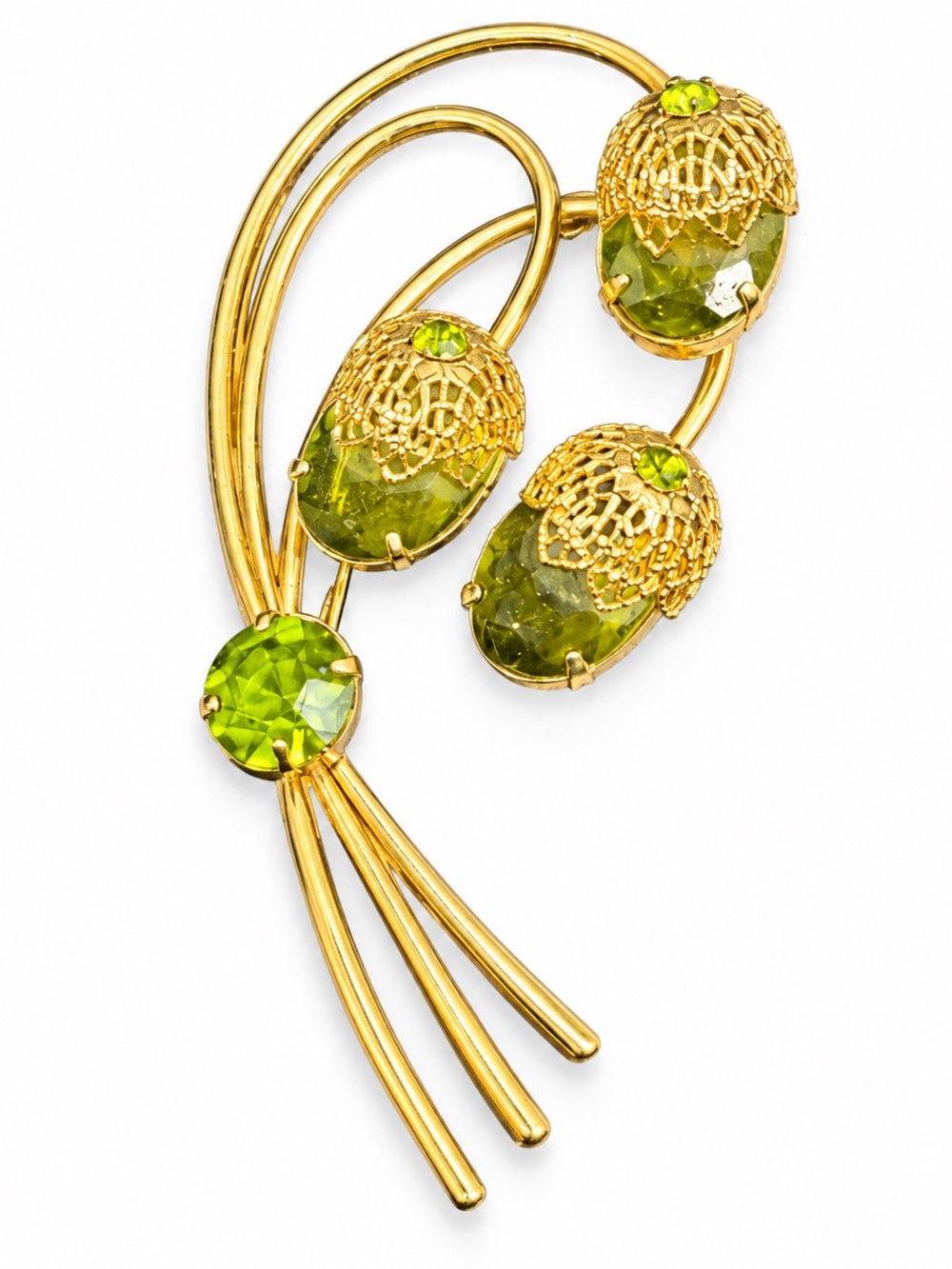 Vintage Sarah Coventry Green Acorn Brooch Gold Tone Filigree Pin